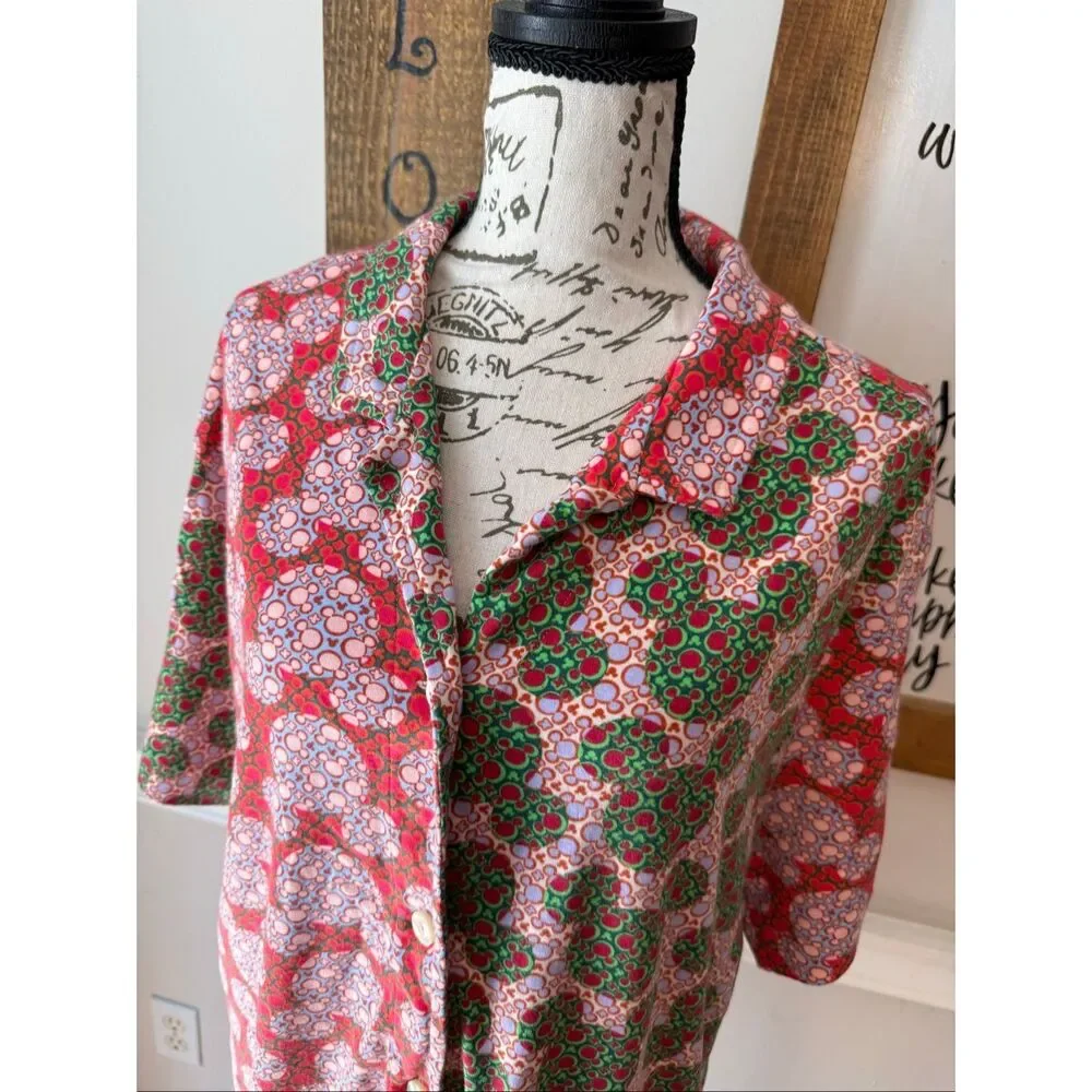 Disney Vera Bradley Womens Mickey Mouse Button-Down Pajama Shirt Red Green Large - Picture 2 of 9